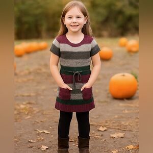 Grane Girls Striped Sweater Dress Purple Gray Green Short Sleeve Knit M
